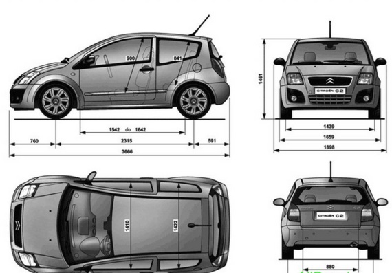 Citroen C2 (2008) (Cитроен C2 (2008)) - чертежи (рисунки) автомобиля